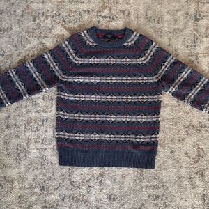 Navy Blue Striped Crewneck Sweater with Cozy Fair Isle Design